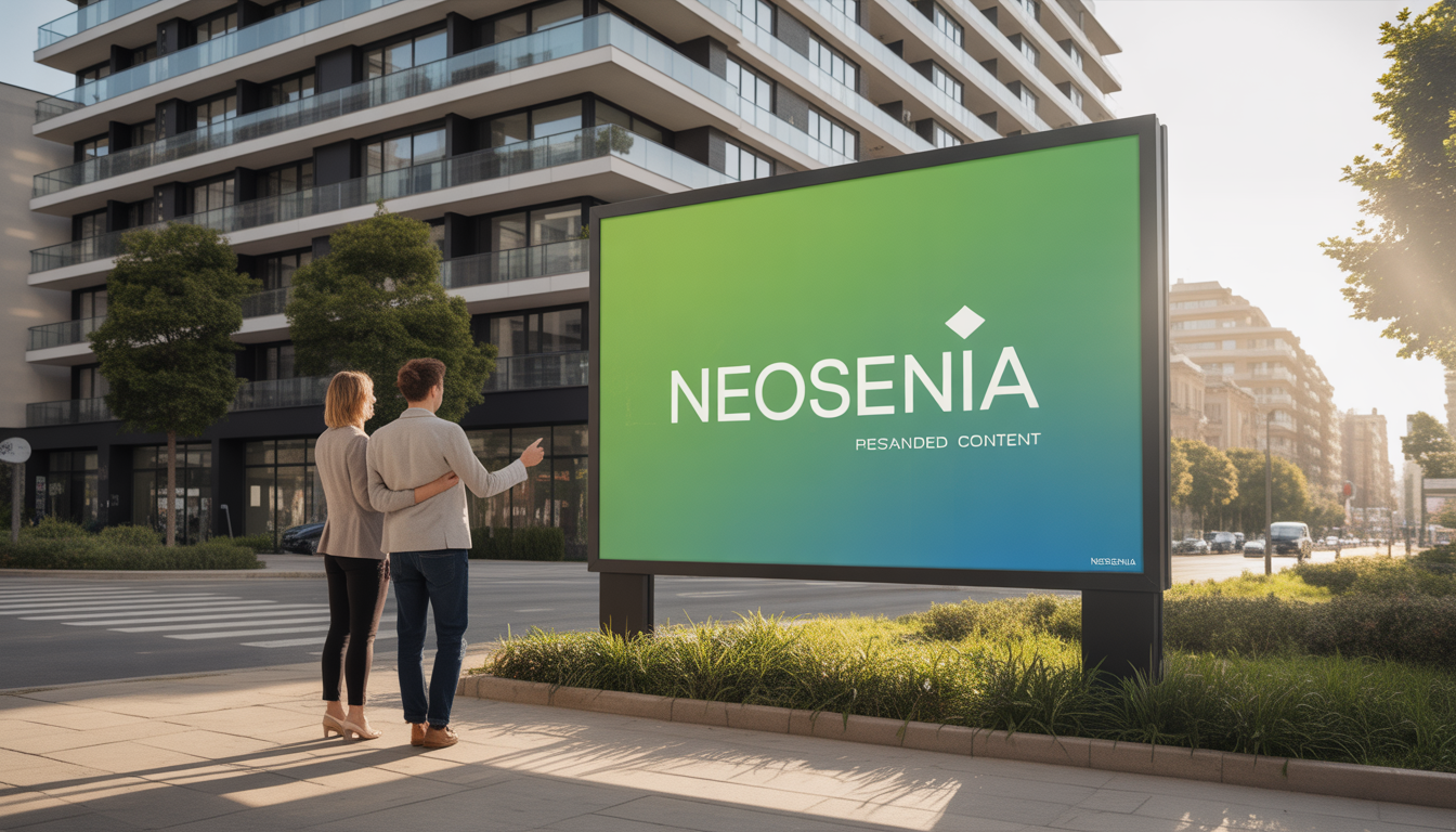 Deux personnes devant un panneau immobilier Neosenia sur une rue urbaine ensoleillée