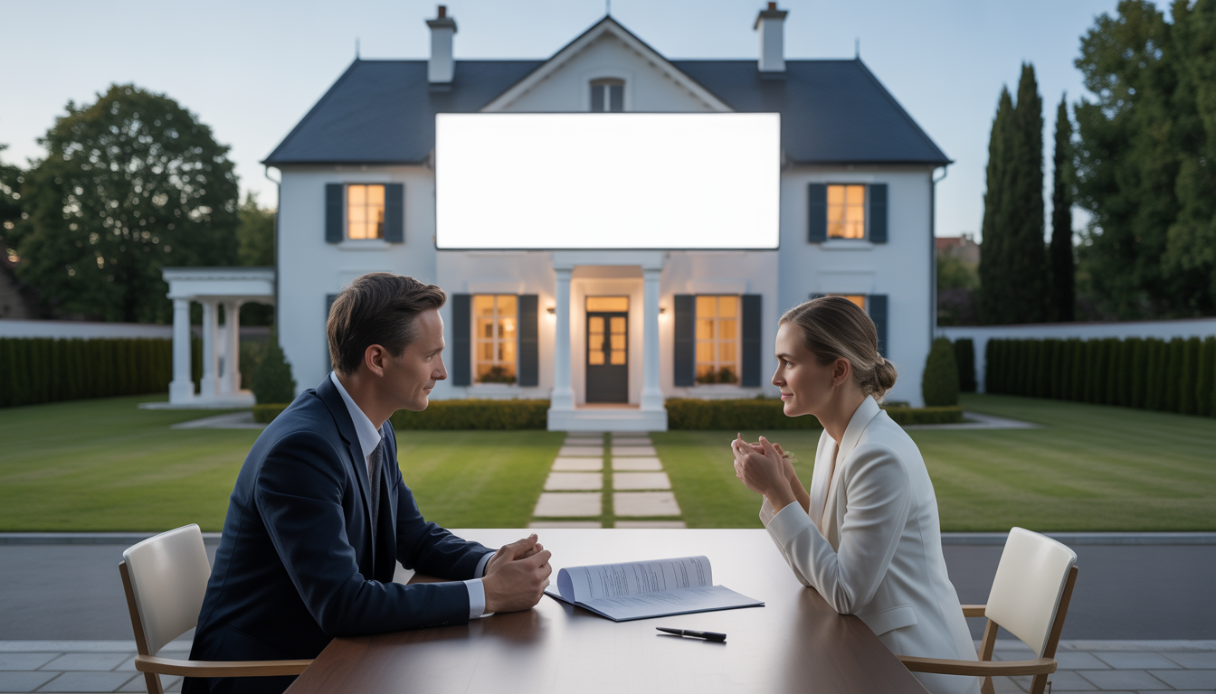 Couple élégant signant un contrat de location devant une maison blanche avec jardin privé