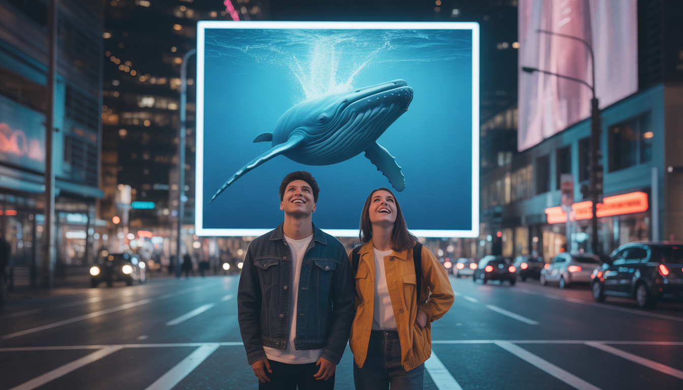 Jeunes adultes admirant une baleine 3D sur un écran LED dans une rue futuriste de nuit