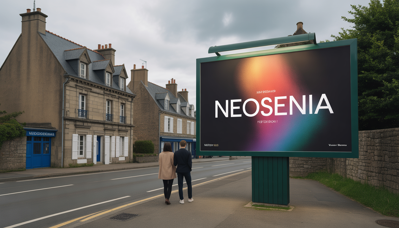 Panneau publicitaire à Dinan devant maisons bretonnes, deux personnes stylées