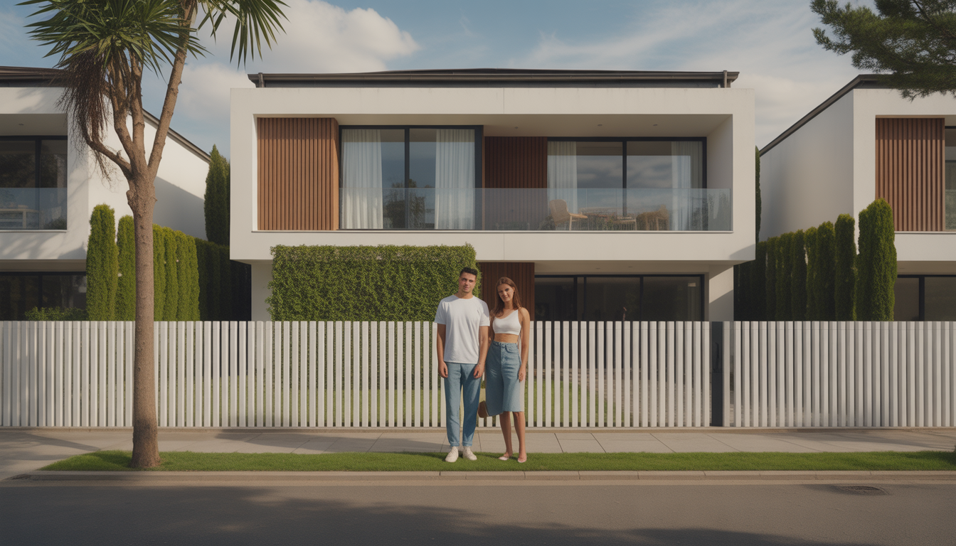 Stylish couple in front of sleek modern house with green garden and white fence on sunny day