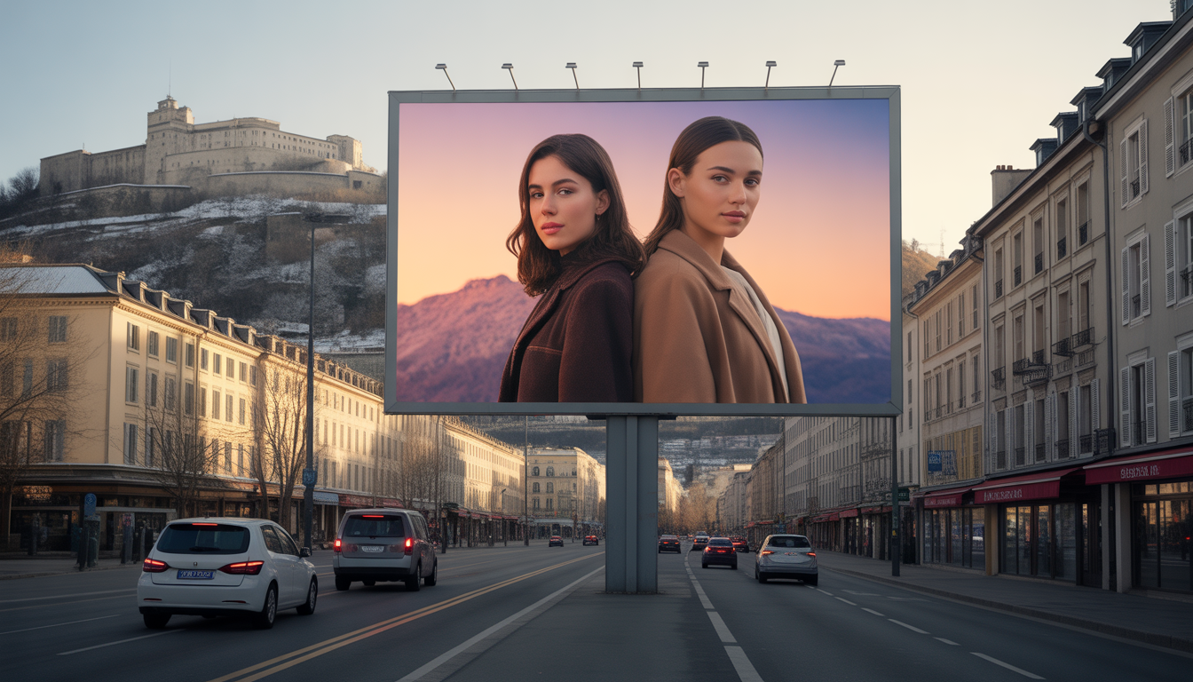 Panneau publicitaire à Grenoble avec deux personnes stylées devant la Bastille enneigée