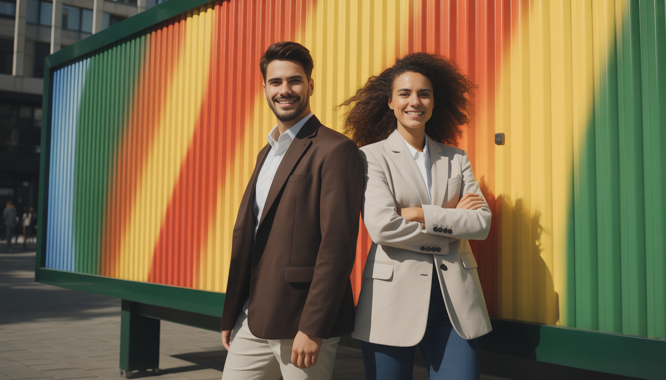 Deux professionnels posent près d’un panneau publicitaire extérieur coloré en ville, sous la lumière du soleil
