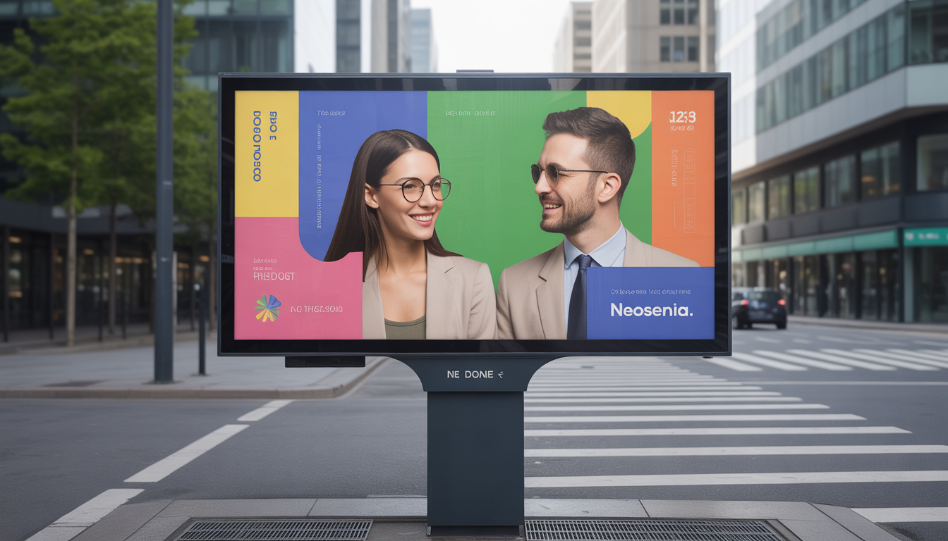 Deux professionnels devant un panneau LED coloré en plein jour