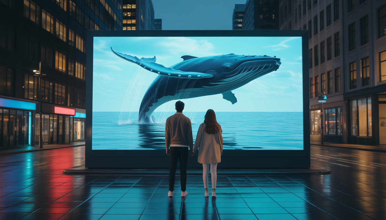 Jeune homme et femme devant un panneau LED 3D avec une baleine géante projetée, rue nocturne réaliste
