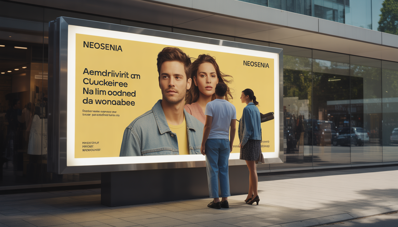 Homme et femme debout devant un panneau publicitaire PVC brillant près d'une vitrine moderne sous un ciel ensoleillé