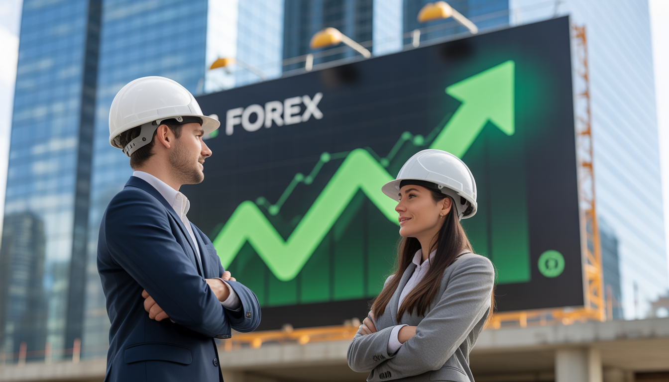 Hommes et femmes traders confiants devant une publicité Forex sur un chantier, ciel bleu et reflets réalistes